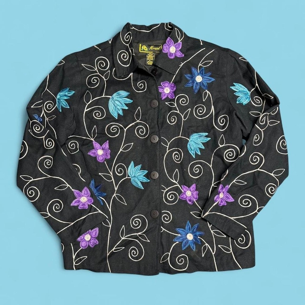 Mirasol Womens Boho Embroidered Floral Jacket Black Cotton Linen Blend Small